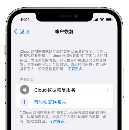 丰顺苹果手机维修分享在 iPhone 上设置帐户恢复联系人的方法 