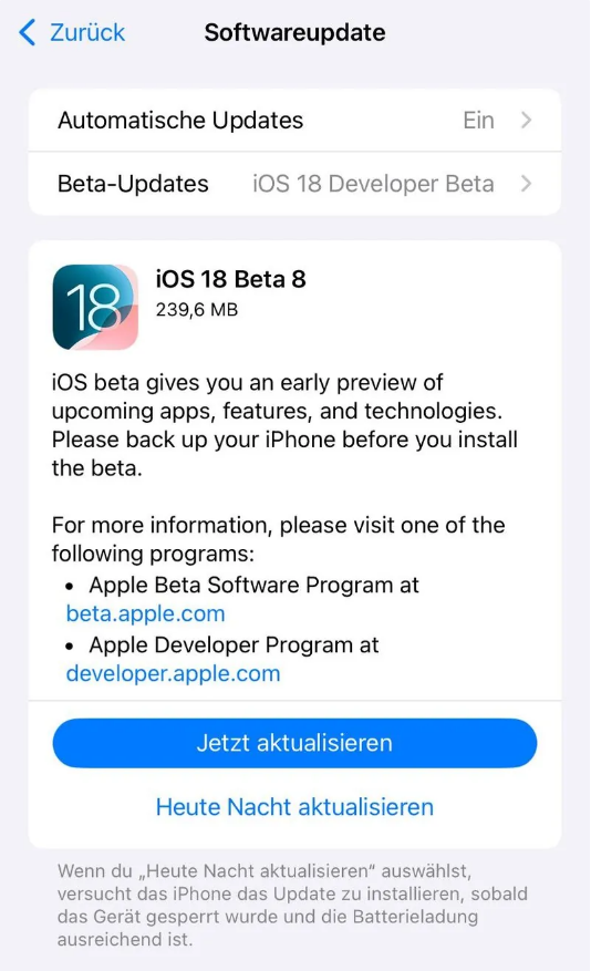 丰顺苹果手机维修分享苹果 iOS / iPadOS 18 开发者预览版 Beta 8 发布 